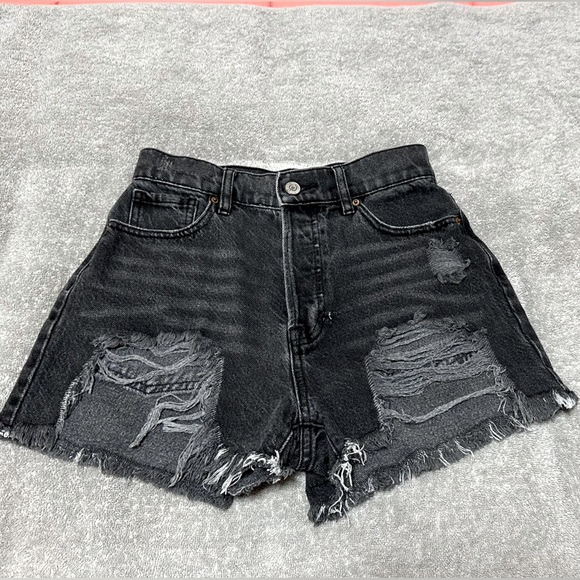 Pacsun Black Denim 11" High Rise Button Fly Factory Distress Shortie Shorts 24W - Picture 6 of 11